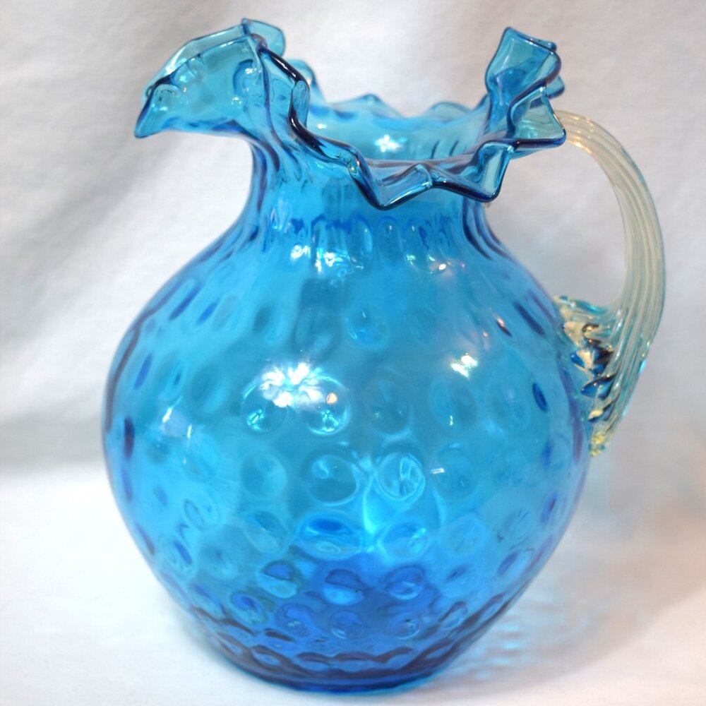VTG FENTON Blue Thumbprint And Ruffles Pitcher Clear Glass Handle Hand Blown WOW